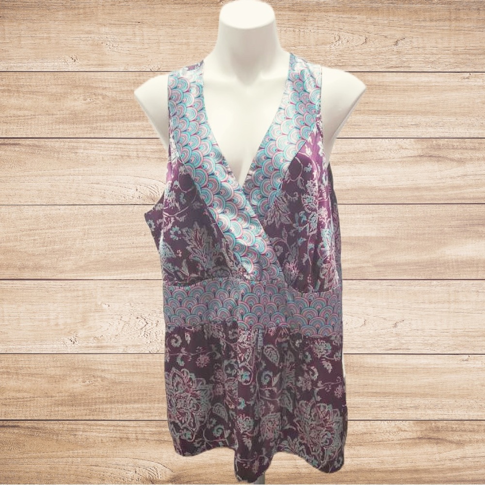 Lane Bryant Purple Pink and Blue Paisley Sleeveless Satin Blouse/Tunic